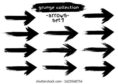 Paint brush stroke arrow set. Handdrawn black ink pointers group. Various freehand direction sign bundle. Grunge concept design element texture collection. Vector abstract graphic art decoration