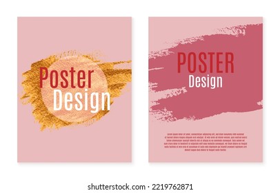 Paint brush stroke. Book cover. Flyer or poster layout. Gold texture for catalog. Paintbrush shapes and text. Abstract smears. Placard template set. Vector design neoteric background