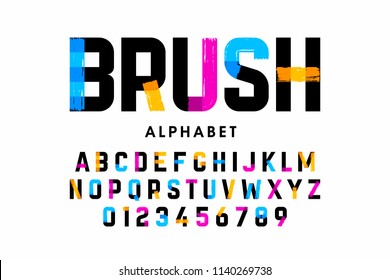 Paint brush stroke font, alphabet letters and numbers vector illustration 
