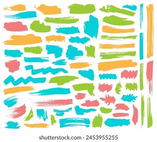 Paint brush stroke grunge graphic elements vector collection. Paintbrush black splashes isolated on white. Border lines. Scratch design, distress messy stickers. Freehand splats, lines.