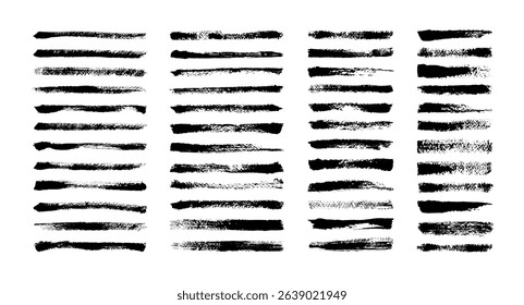 Paint brush stroke. Grunge brush strokes with distressed textures in rough hand drawn ink styles for dirty borders, and retro frames. Black watercolor line splashes. Vector splatters isolated set.