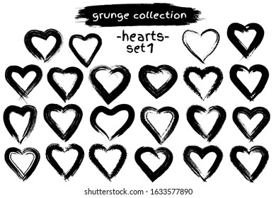 Paint brush stroke hearts set. Handdrawn black ink romantic symbol bundle. Happy Valentine's day, wedding, sweet love concept design element collection. Freehand grunge style sign group. Vector art