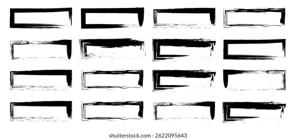 Paint brush stroke, ink splash and grungy decoration elements. Black watercolor splatter, texture, frame and abstract background for social media