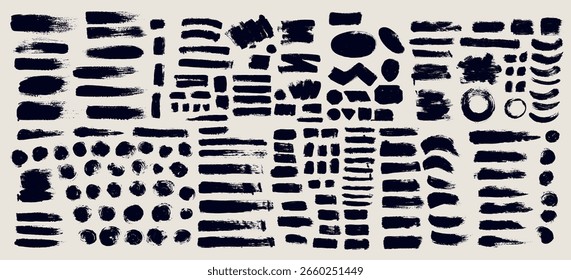 Pintura de pincelada, salpicadura de tinta y grunge Elementos de decoración conjunto. Ilustración de pincel grunge dibujado a mano. Salpicadura de acuarela negra de Vector, textura, marco y fondo abstracto para las redes sociales.