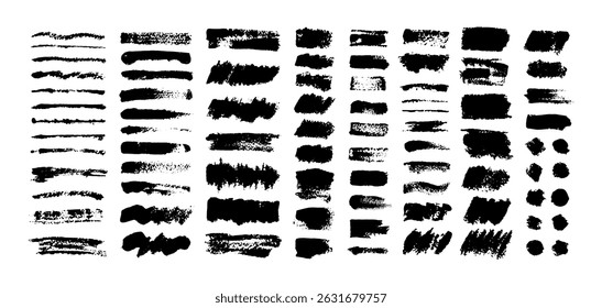 Paint brush stroke. Ink splatter, grunge line artistic hand drawn border brushes. Dirty overlay, watercolor scribble black splashes. Vector scratch smears isolated set.