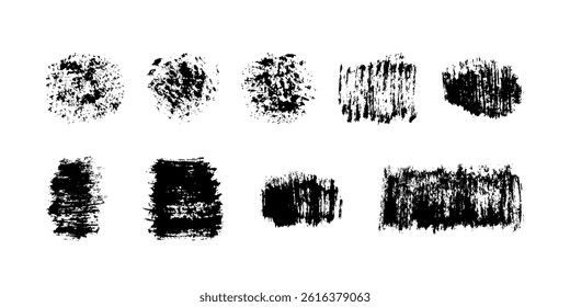 Paint brush stroke set, black grunge circle and square of watercolor. Dirty uneven hand drawn stripes. Collection of horizontal silhouettes, elements with torn edge, rough texture. Vector illustration
