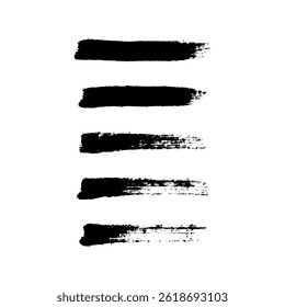 Paint brush stroke set, black grunge line of watercolor. Dirty uneven hand drawn stripes. Collection of horizontal silhouettes, decorative elements with torn edge, rough texture. Vector illustration