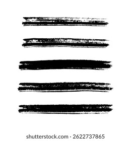 Paint brush stroke set, black grunge line of watercolor. Dirty uneven hand drawn stripes. Collection of horizontal silhouettes, decorative elements with torn edge, rough texture. Vector illustration