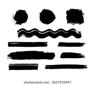 Paint brush stroke set, black grunge shapes of watercolor. Dirty uneven hand drawn stripes. Collection of horizontal silhouettes, decorative elements with torn edge, rough texture. Vector illustration