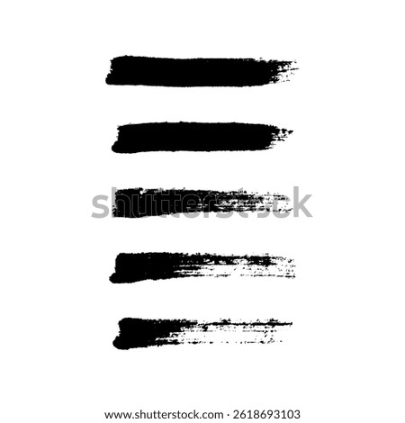 Paint brush stroke set, black grunge line of watercolor. Dirty uneven hand drawn stripes. Collection of horizontal silhouettes, decorative elements with torn edge, rough texture. Vector illustration