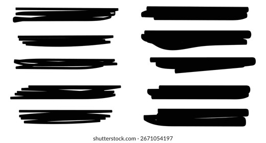 paint brush stroke set. Rough texture vector lines. Grunge edge marker stripes. Grungy hand-drawn dry ink brushstroke collection. Straight long smear halftone underlines. Rectangular frames pack. 
