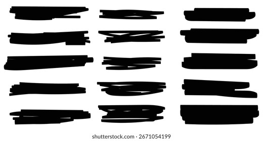 paint brush stroke set. Rough texture vector lines. Grunge edge marker stripes. Grungy hand-drawn dry ink brushstroke collection. Straight long smear halftone underlines. Rectangular frames pack. 