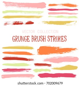 Paint brush stroke stripes in summer colors vector set. Collection of hand drawn paintbrushes, green, red, yellow lines isolates on white background. Ink, watercolor or acrylic splashes, stains.