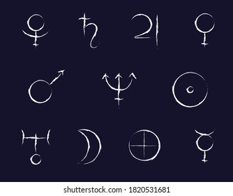 Paint Brush rayait des signes de planète vectorielle. Symboles astrologiques et zodiaques - planètes domiciles. Neuf objets du système solaire avec la lune et le soleil.  