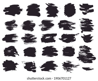 Paint brush strokes and abstract grunge stains isolated on white background. Black vector design elements for paintbrush texture, clipping mask, banner or text box. Freehand drawing collection.