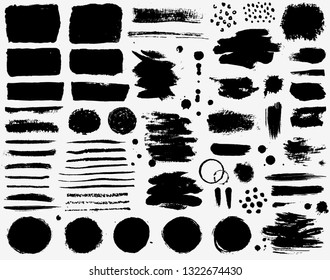 Paint brush strokes and black ink stains isolated on white background. Set of grunge vector design element for paintbrush texture, frame, background, banner or text boxes. Freehand drawing collection.