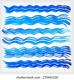 Paint brush strokes collection. Set of vector watercolor brush strokes. Bright colorful blue watercolor waves. EPS10 watercolor vector elements isolated on white.