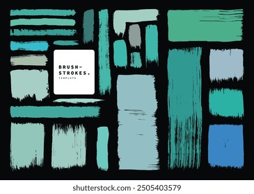 Paint brush brush strokes design bundle. Green and blue ink smear and smudge. Hand drawn color block set. Artistic modern template.
