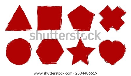 Paint brush strokes with geometric shapes. Brush stroke big set red frame, grunge frame border, freehand drawings, ink splatters, bold curved lines and squiggles marker stripe, grunge crayon stamp