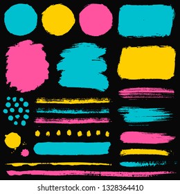 Paint brush strokes and grunge stains isolated on black background. Colorful vector design elements for paintbrush texture, frame, background, banner or text box. Freehand drawing collection.