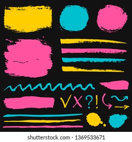 Paint brush strokes, grunge stains and symbols isolated on black background. Colorful vector design elements for paintbrush texture, frame, background, banner or text box. Freehand drawing collection.