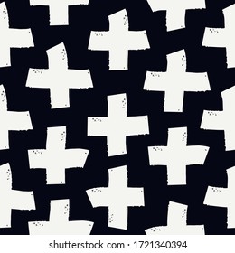 Paint brush strokes seamless pattern. Freehand grunge design background. Crosses motif modern minimal ornament. Trendy handdrawn doodle geometric print. Artistic hand drawn abstract vector wallpaper