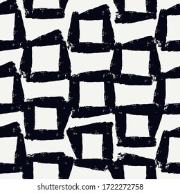 Paint brush strokes seamless pattern. Freehand grunge design background. Squares motif modern minimal ornament. Trendy handdrawn doodle geometric print. Artistic hand drawn abstract vector wallpaper