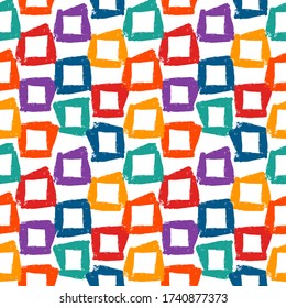 Paint brush strokes seamless pattern. Freehand grunge design background. Squares motif modern minimal ornament. Trendy handdrawn doodle geometric print. Artistic hand drawn abstract vector wallpaper