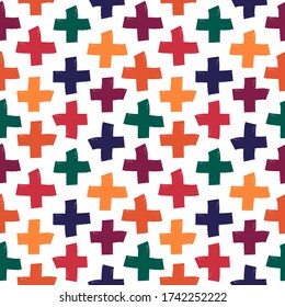 Pintar pinceladas de pincel es un patrón sin fisuras. Fondo de diseño de grunge libre. El motivo de cruces es un adorno moderno mínimo. Impresión geométrica de doodle a mano de moda. Papel mural abstracto de vector dibujado a mano artificial