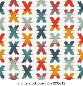 Paint brush strokes seamless pattern. Freehand esign background. Crosses motif modern minimal ornament. Trendy handdrawn doodle geometric print. Artistic hand drawn abstract vector wallpaper