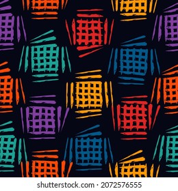 Pintar pinceladas de pincel es un patrón sin fisuras. Fondo de diseño de grunge libre. El motivo de las plazas es la decoración minimalista moderna. Impresión geométrica de doodle a mano de moda. Papel mural abstracto de vector dibujado a mano artificial
