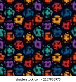 Paint brush strokes seamless pattern. Freehand grunge design background. Squares motif modern minimal ornament. Trendy handdrawn doodle geometric print. Artistic hand drawn abstract vector wallpaper
