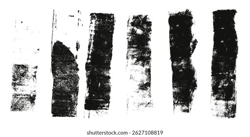Paint brush strokes set. Linocut or photocopy texture lines. Ink roller thick stripes background. Grunge letterpress rectangles. Dry black brayer stain on white background. Vector gritty print