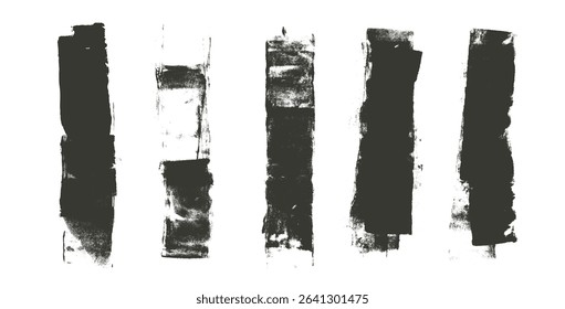 Paint brush strokes set. Linocut or photocopy texture lines. Ink roller thick stripes background. Grunge letterpress rectangles. Dry black brayer stain isolated on white background. Vector lino print.