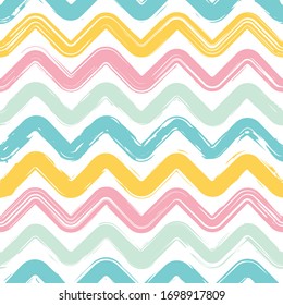 Paint brush strokes. Soft seamless pattern pastel colors. Hand drawn waves. Painted watercolor wave lines cream background. Fashion ink line smudges texture. Design jagged striped for interior, prints