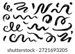 Paint brush strokes swirl, line curve, calligraphy spiral elements. Hand drawn chinese ink brush paint stroke swish, swoosh swirl doodle wavy. Grunge texture abstract line set. Vector illustration