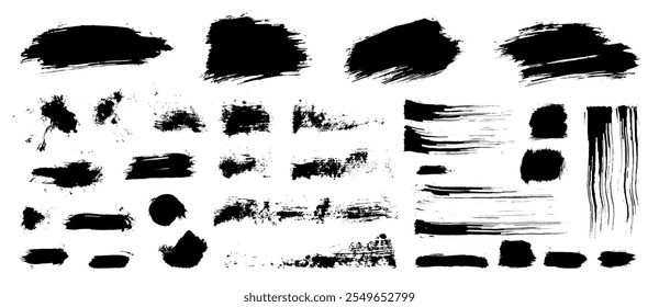 Paint brush strokes. Vector ink splash background set. Grungy black splatter banner. Grunge shape watercolor blots, blobs, stains. Black color isolated line elements. Punk dabs and daubs graffiti bg