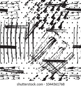Paint Brush Strokes Vector Seamless pattern. Hand drawn Abstract Grunge Background with polka dots