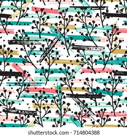 Paint Brush Strokes Vector Seamless pattern. Hand drawn Abstract Grunge Striped Floral Background 