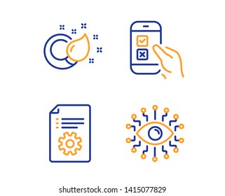 Paint brush, Technical documentation and Mobile survey icons simple set. Artificial intelligence sign. Creativity, Manual, Phone quiz test. All-seeing eye. Education set. Linear paint brush icon