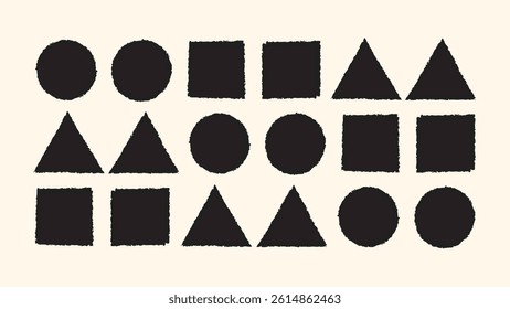 Paint brush texture set- triangle, circle, square. Rough hand drawn grunge shapes. Stamp style sketch borders. Vector template.