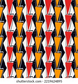 Paint brush triangles ornament. Seamless pattern. Hand drawn geometrical backdrop. Triangular shapes wallpaper. Geometric background. Ethnic motif. Tribal digital paper. Textile print. Vector art.
