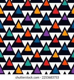 Paint brush triangles ornament. Seamless pattern. Hand drawn geometrical backdrop. Triangular shapes wallpaper. Geometric background. Ethnic motif. Tribal digital paper. Textile print. Vector art.