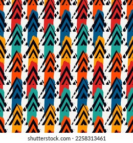 Dibujar adorno de triángulos de pincel. Patrón sin foco. Fondo geométrico dibujado a mano. Formas triangulares. Fondo geométrico. Motivo étnico. Papel digital tribal. Impresión textil. Papel mural de Chevrons