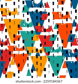 Paint brush triangles ornament. Seamless pattern. Hand drawn geometrical backdrop. Triangular shapes wallpaper. Geometric figures background. Ethnic motif. Textile print. Vector art