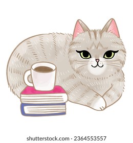 Pintura de pincel acuarela lindo gato y vector de libro y café.