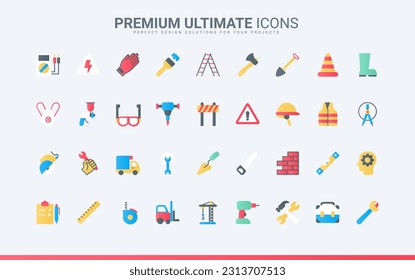 Paint brush and wrench, saw and shovel from mechanical repair toolbox, construction crane and drill, road barrier. Workers tools in industry trendy flat line icons set vector illustration