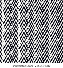 Farbige Zickzacklinien. Handgezeichnet nahtloses Muster. Zackenbänder-Motiv Flügelförmige Ornamente. Bild von Chevrons. Gestreifter Hintergrund. Geometrisches Digitalpapier. Ethnische Textilindustrie. Tribal-Design