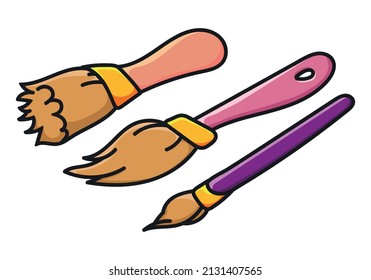 Paint Brushes Colored Cartoon Vector Icon Set. Isolated On A White Background. Hand Drawn, Comic, Outline.
