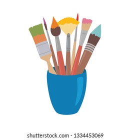 Paint brushes with colored paint in cup. Cartoon style design element for artist workplaceeinterior, school class, desk top